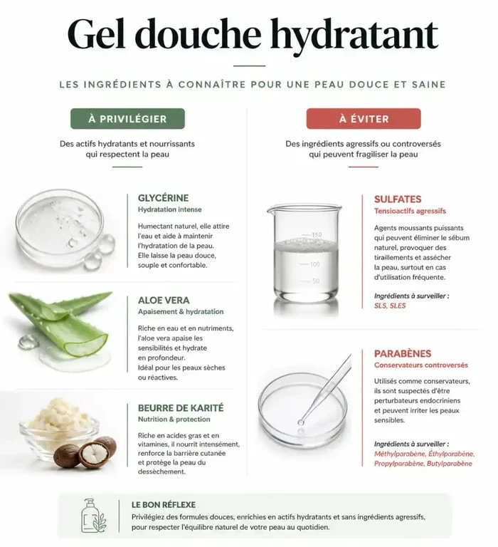Infographie des ingrédients pour le meilleur gel douche hydratant femme