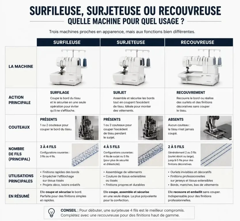 Tableau comparatif des machines à coudre : surfileuse, surjeteuse et recouvreuse