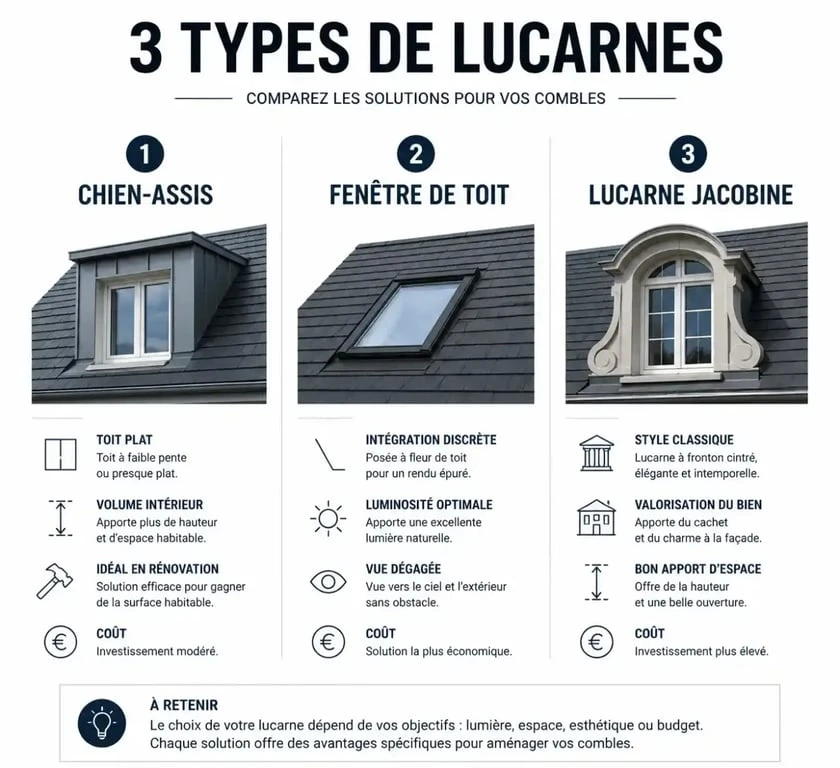Comparatif visuel des types de lucarnes pour maison : chien-assis, fenêtre de toit et lucarne jacobine