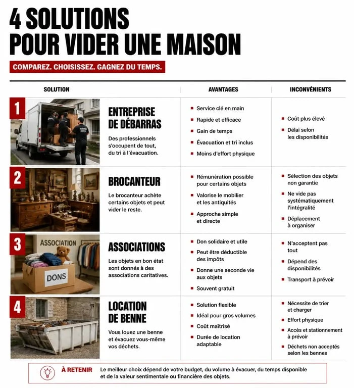 Infographie comparative des solutions pour vider une maison : entreprise, brocanteur, association ou location de benne