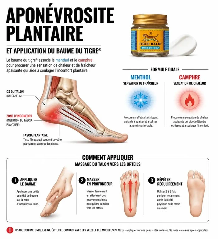 Infographie expliquant l'action du baume du tigre sur l'aponévrosite plantaire et la technique de massage du fascia.
