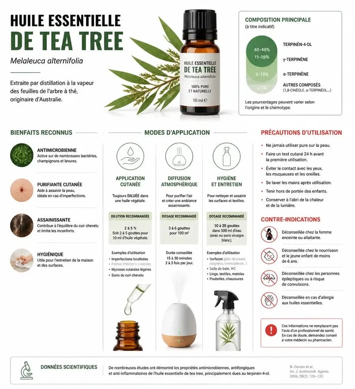 Infographie sur les utilisations et précautions de l'huile essentielle de tea tree