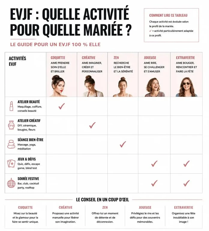Tableau comparatif des activités EVJF selon le profil de la mariée