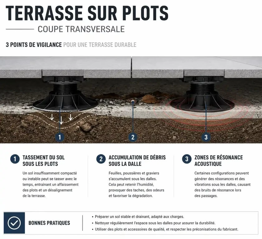 Schéma des points de vigilance et inconvénients d'une terrasse sur plots