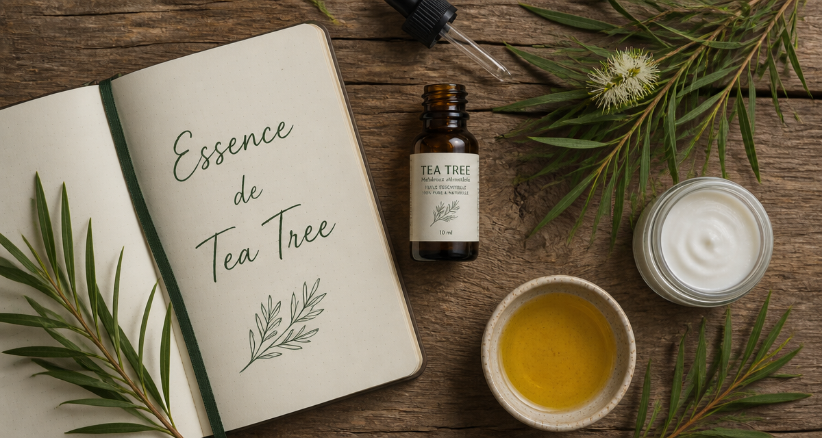 huile essentielle tea tree utilisation flacon et feuilles