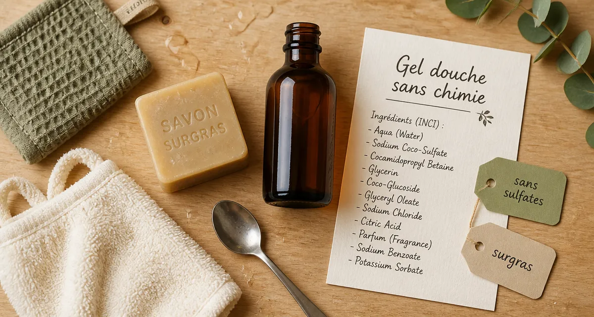Meilleur gel douche sans produits chimiques : éponge, savon et étiquettes sur table bois