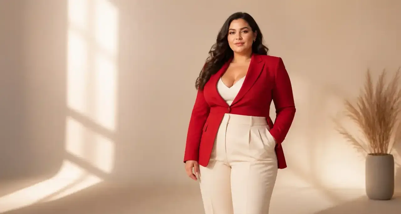 Femme en blazer rouge et pantalon taille haute, silhouette confiante