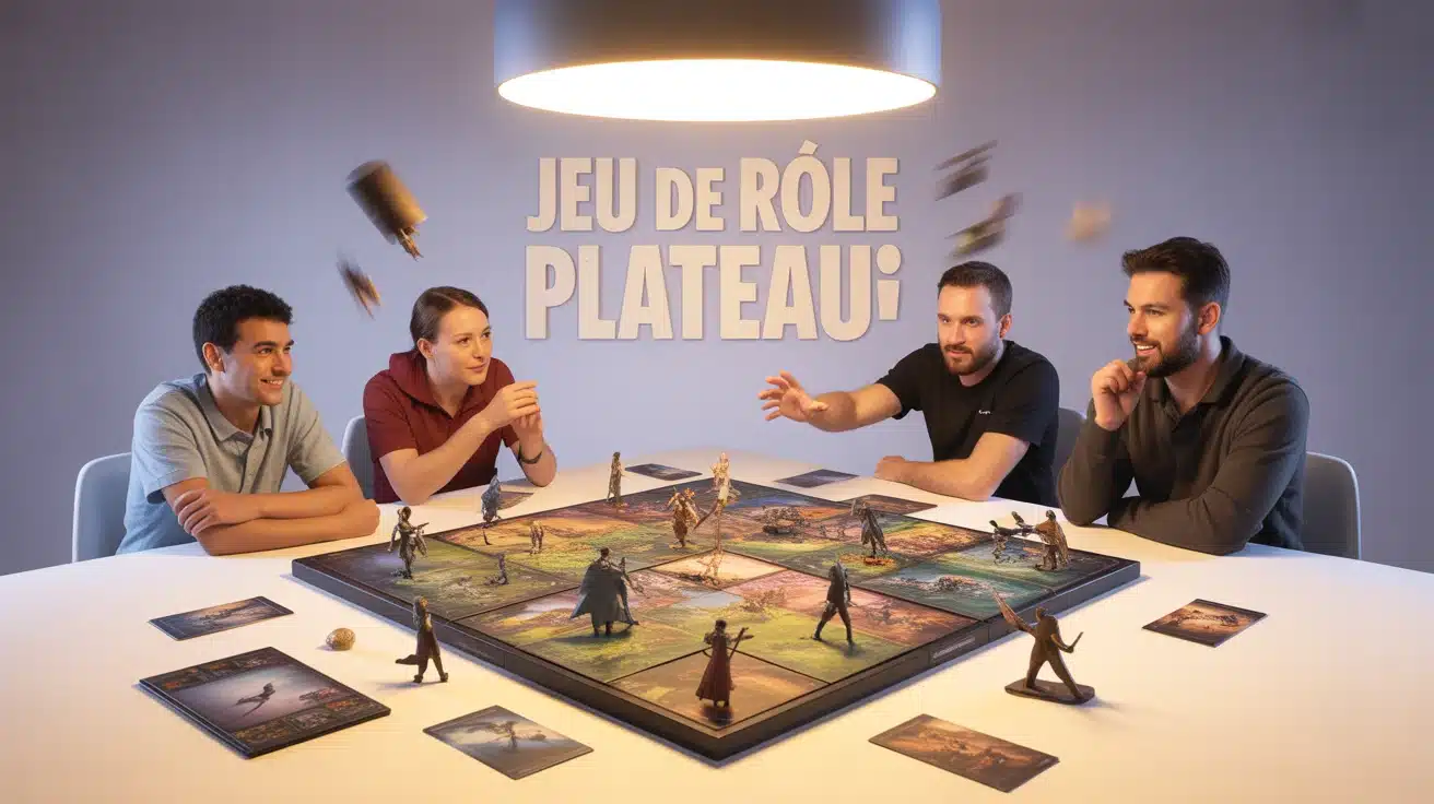 Jeu de rôle plateau : groupe autour d’un plateau modulaire