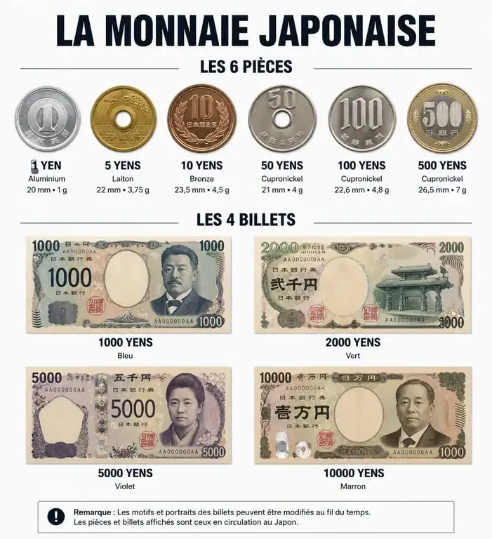 Infographie des pièces et billets de la monnaie au Japon pour les voyageurs