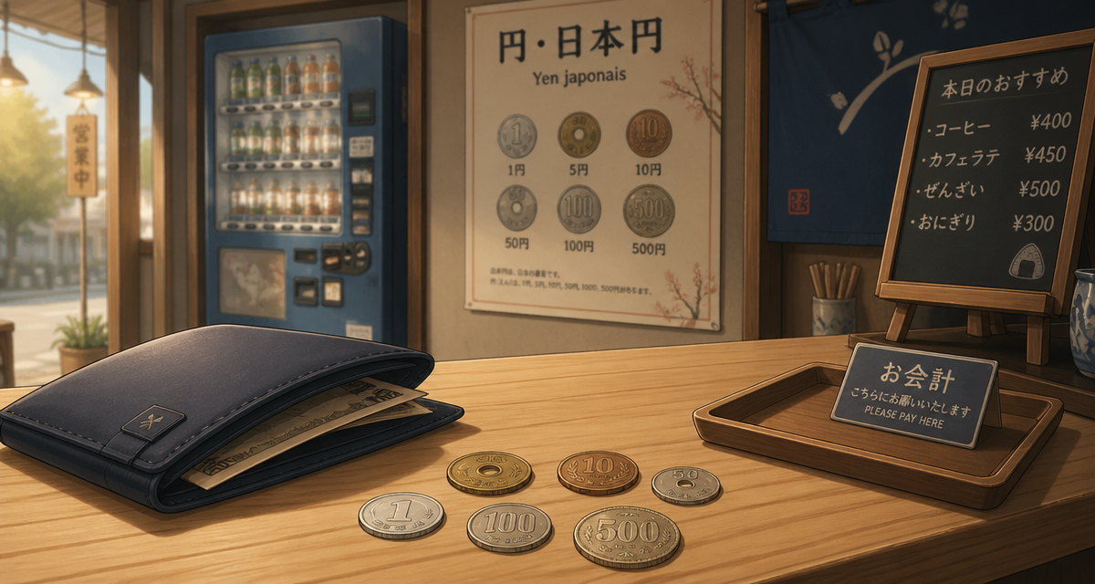 quelle est la monnaie au japon, pièces et billets de yen japonais sur un comptoir