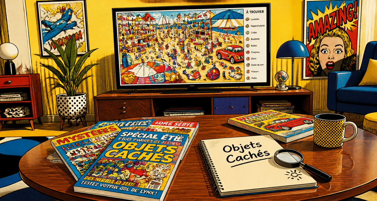 100 objets cachés gratuits en français, scène rétro pop art