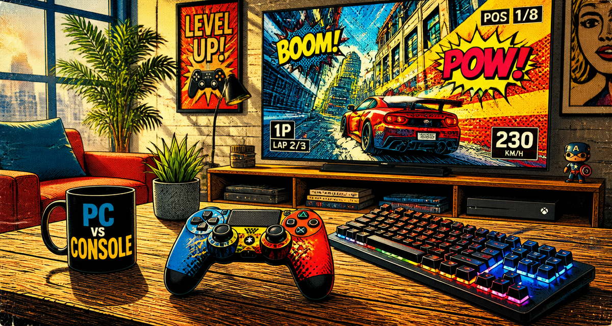 console gaming vs pc sur table basse salon
