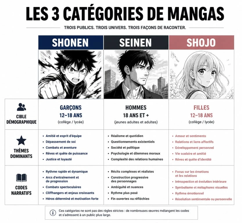 Infographie comparative des catégories de mangas : Shonen, Seinen et Shojo pour comprendre leurs différences.