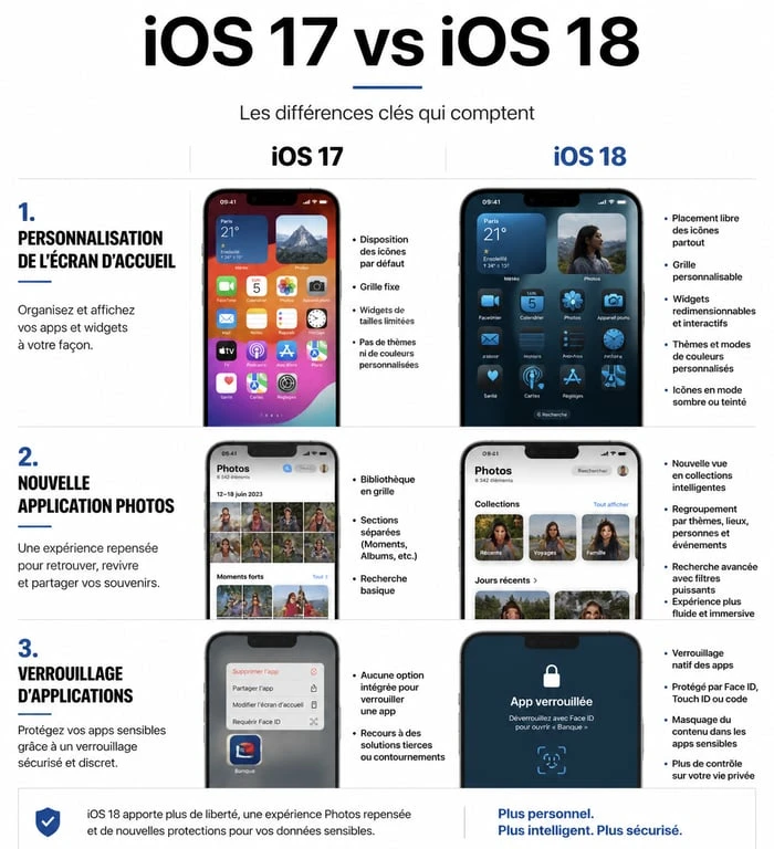 Infographie comparative des nouveautés iOS 18 vs iOS 17 pour les utilisateurs d'iPhone