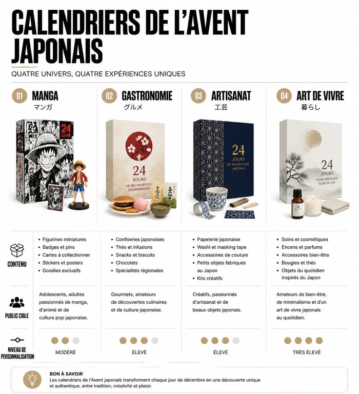 Infographie comparative des calendriers de l'Avent culture japonais 2025 : manga, gastronomie, artisanat et art de vivre.