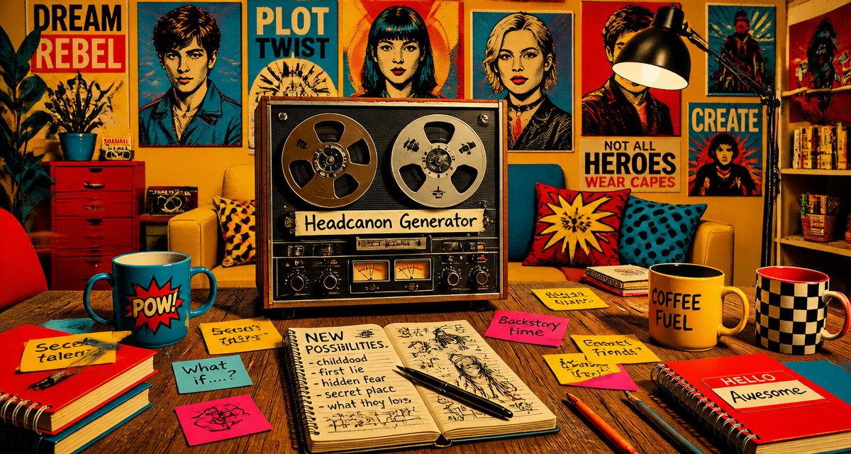 headcanon generator sur table pop art avec carnets et magnétophone