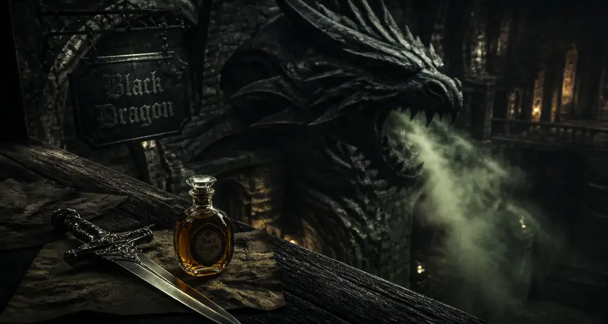 Black dragon dragon : dague et flacon de parfum ambré près d’un dragon noir