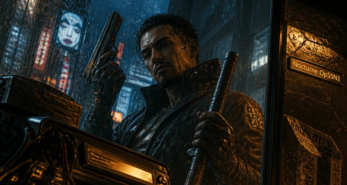 Cyberpunk 2077 soluce : avatar cyberpunk avec pistolet et katana, Phantom Liberty, pluie et néons