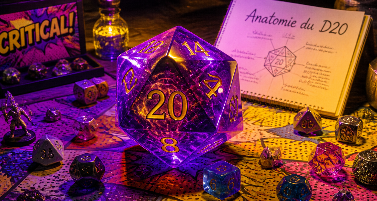 D20 géant équilibré sur table