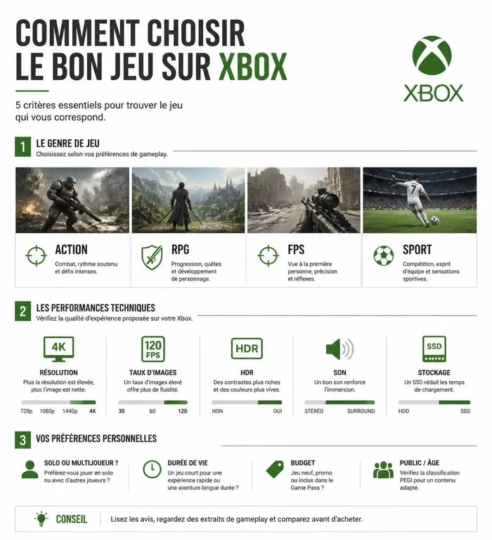 Infographie des critères de sélection pour le meilleur jeu sur Xbox