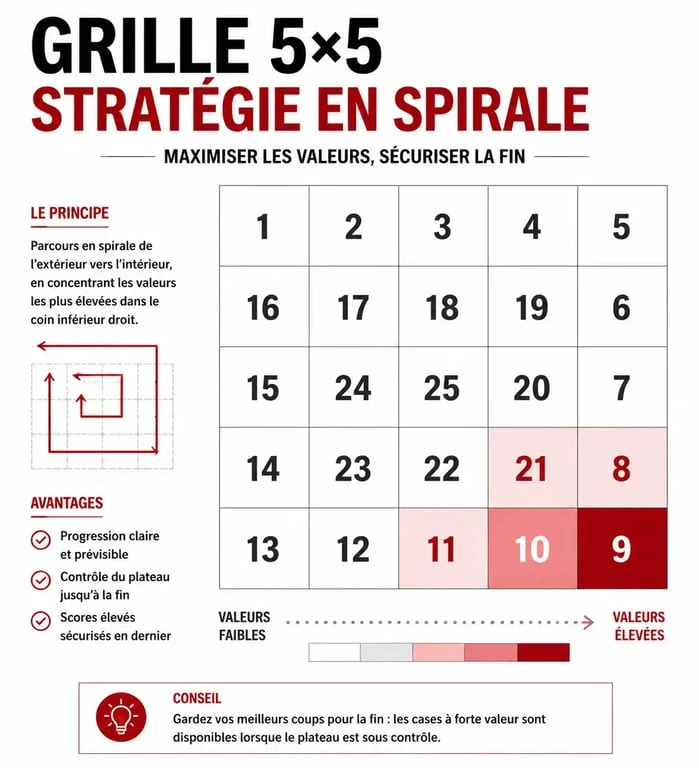 Stratégie gagnante pour le jeu 4096 : disposition des tuiles en spirale dans une grille 5x5 pour atteindre le score 4096.