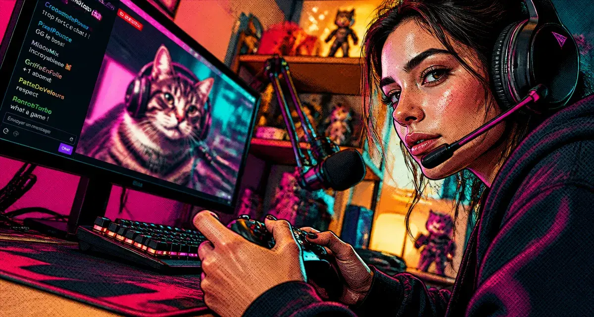 Gamer girl avec setup gaming, casque et manette