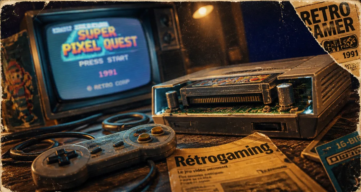 Jeux vidéo enfance : console rétro ouverte, manette et écran pixelisé