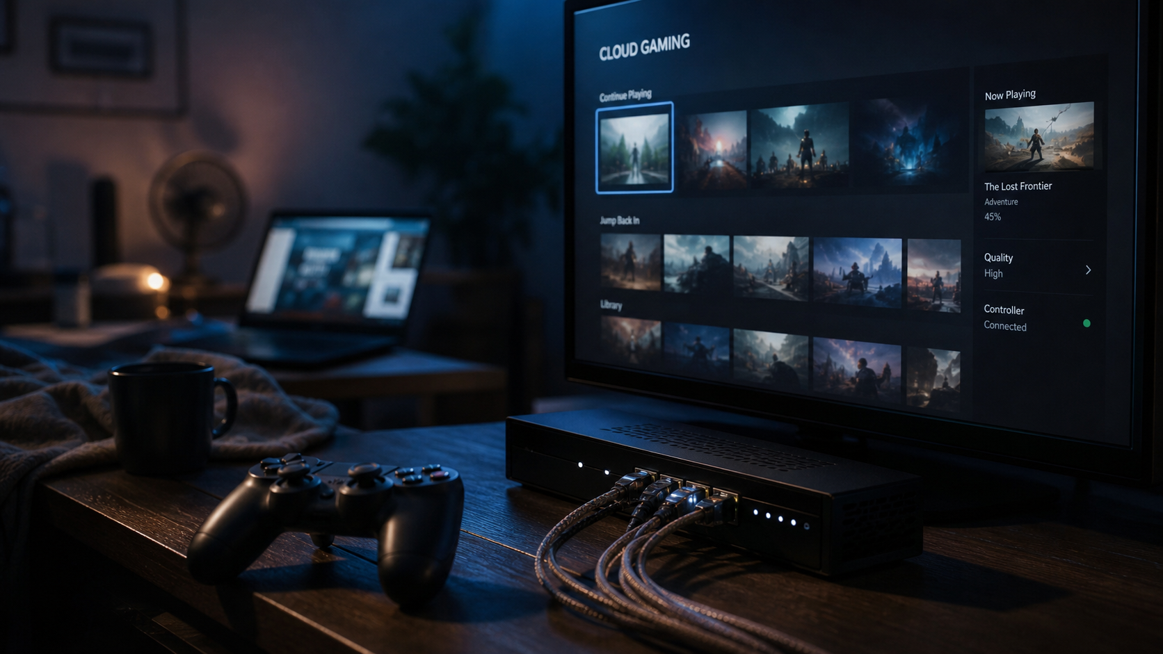 Meilleur cloud gaming : manette sur table et routeur Ethernet, menu TV cloud gaming