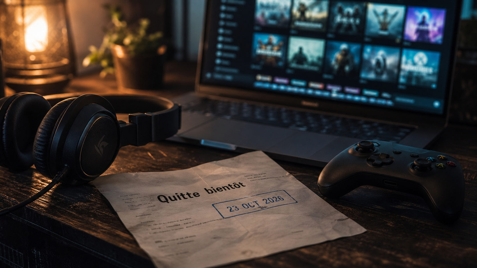 Les meilleurs jeux Game Pass : manette et laptop sur bureau sombre