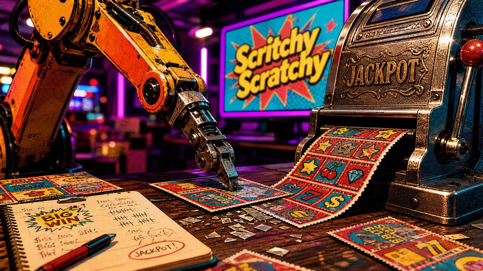 Scratchy jeu : machine à jackpots et tickets à gratter en pop art