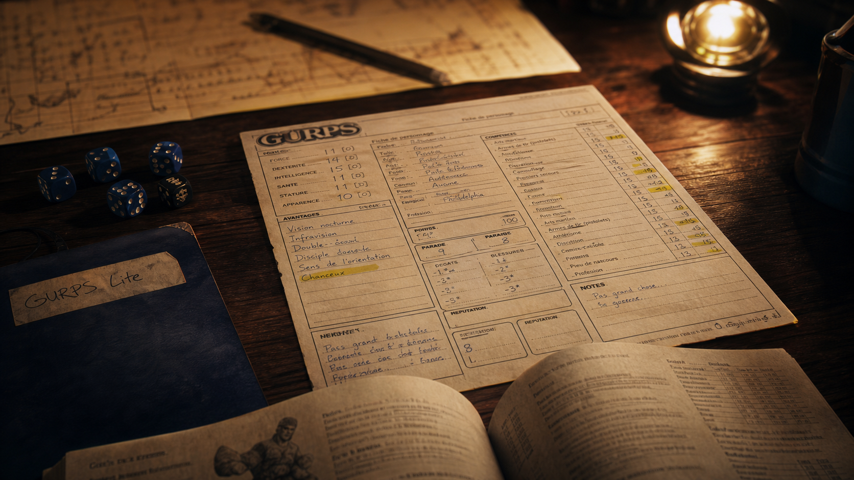 Photo GURPS sur table : fiche, dés et manuel, ambiance boîte à outils universelle