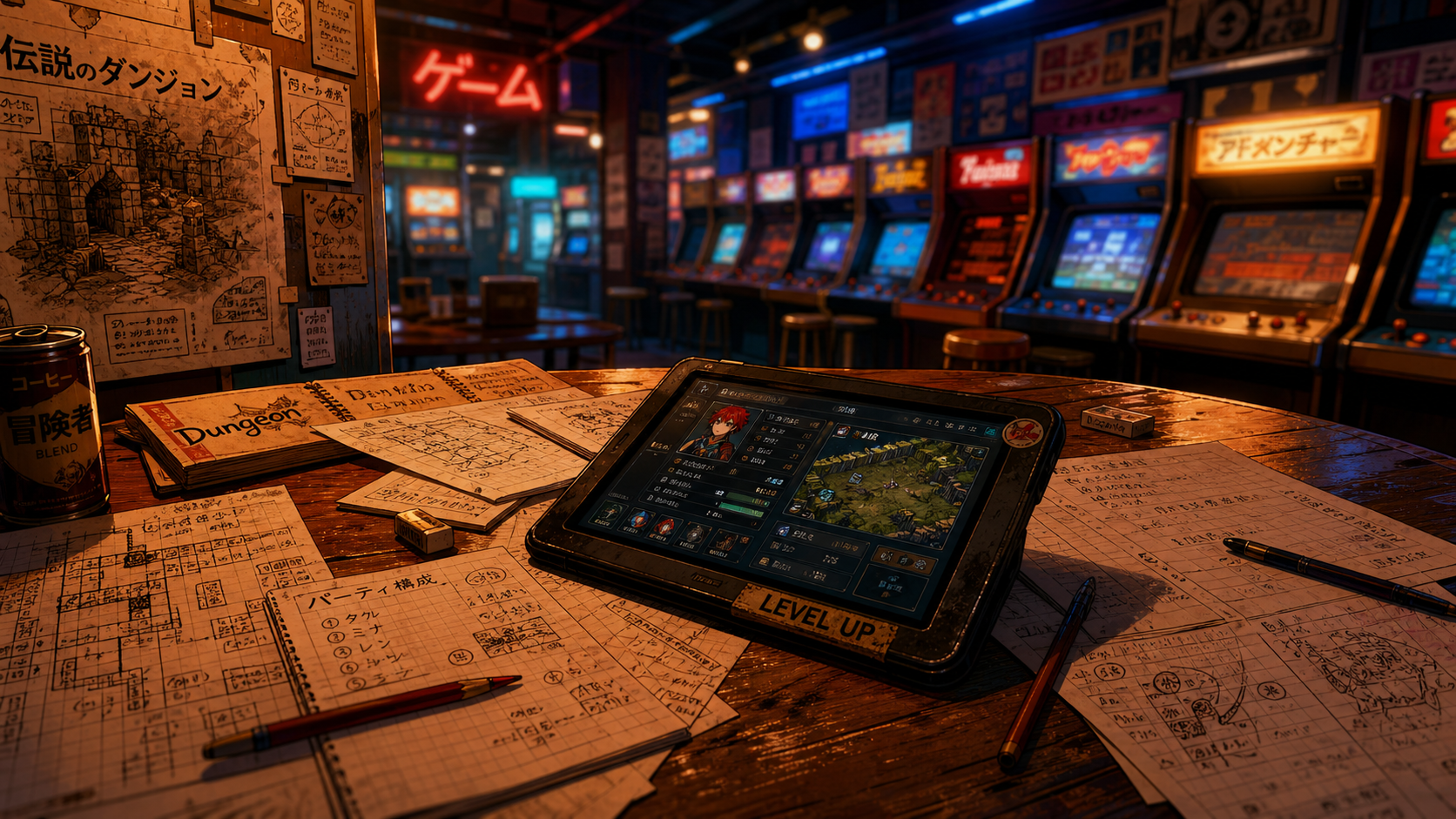 Role playing game manga : interface LEVEL UP en arcade japonaise
