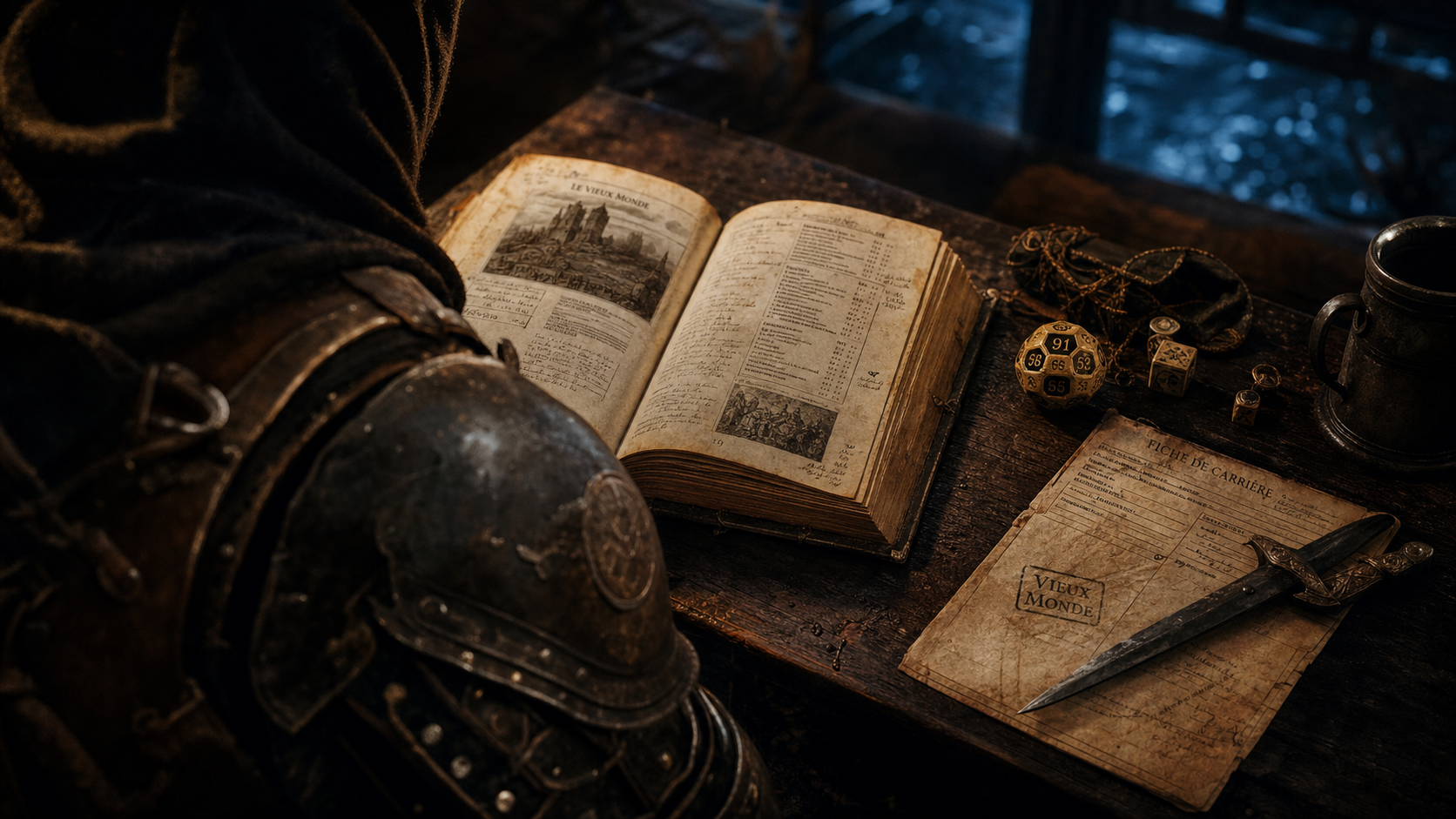 Warhammer FRP : livre WHFRP et dés 1d100 sur une table du Vieux Monde