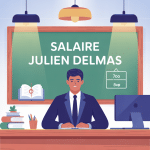 Illustration du salaire Julien Delmas, bureau d’enseignant et fiche de paie