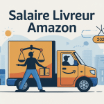 Illustration livreur amazon salaire 2025 devant camionnette et balance