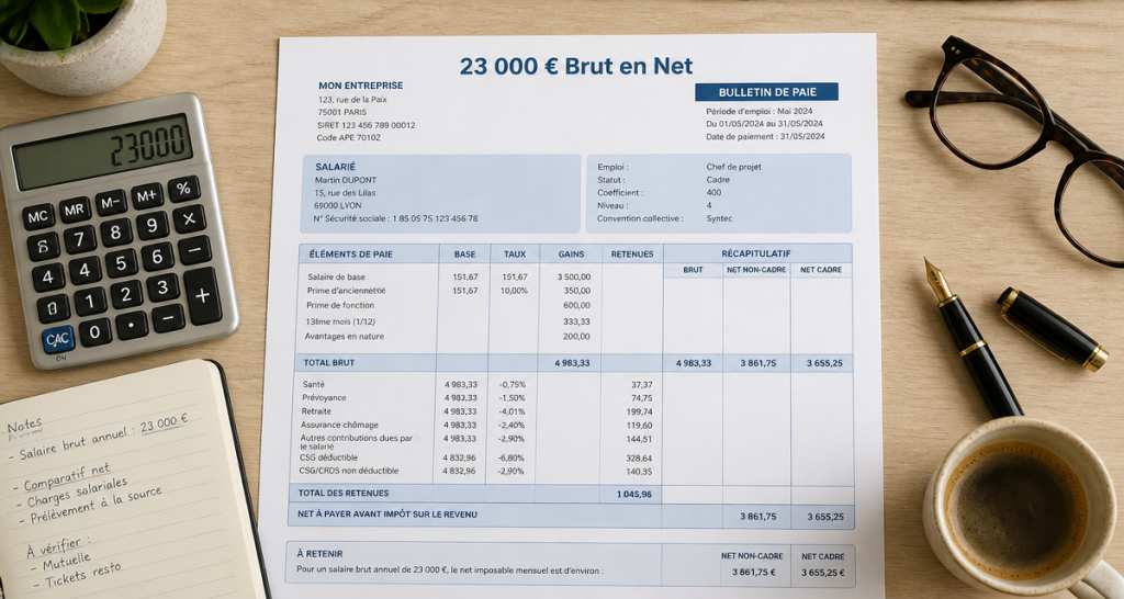 23k brut en net fiche de paie française