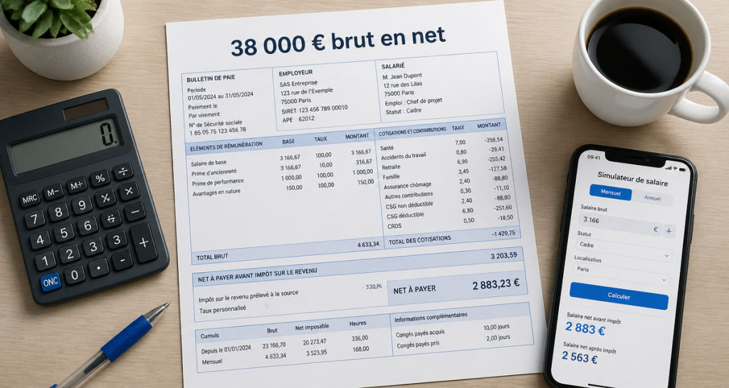 38k brut en net fiche de paie sur bureau