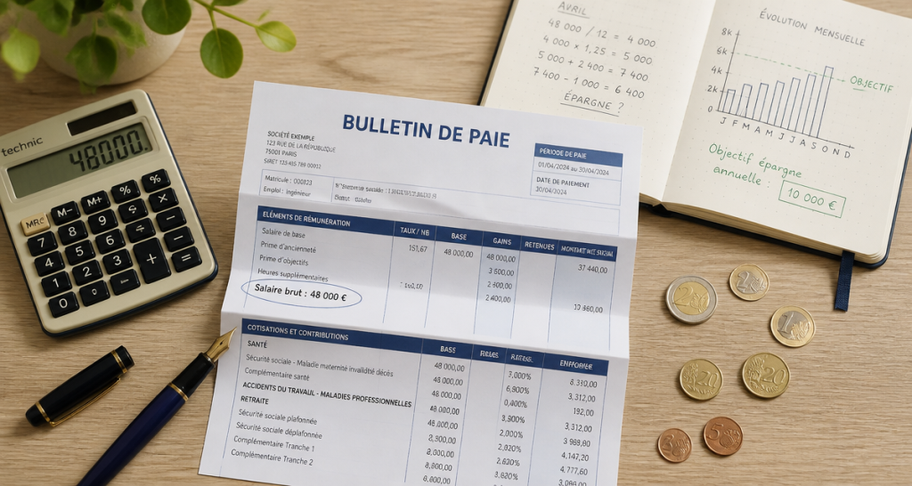 48000 brut en net fiche de paie française