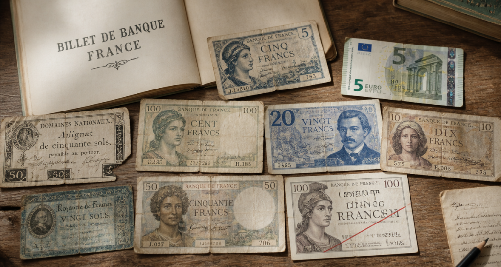 billet de banque France anciens et abîmés sur table