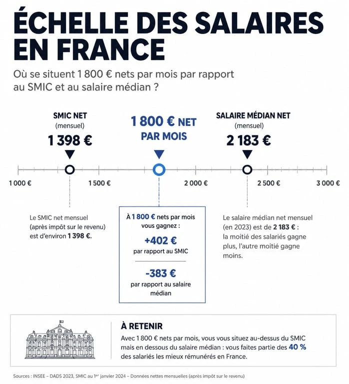 Infographie sur le salaire de 1800 euros net par mois en France et son positionnement sur l'échelle des revenus.
