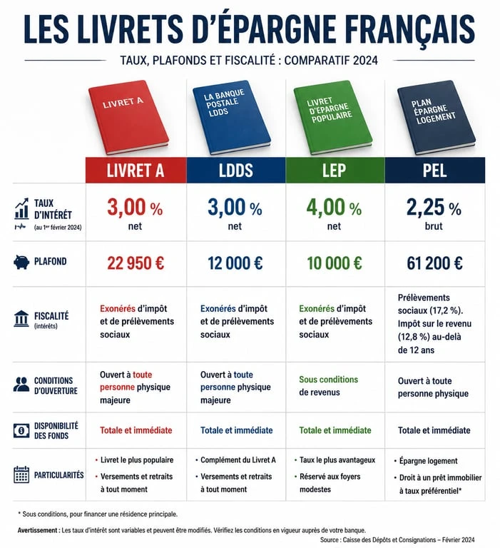 Comparatif des livrets d'épargne : taux, plafonds et fiscalité du Livret A, LDDS, LEP et PEL
