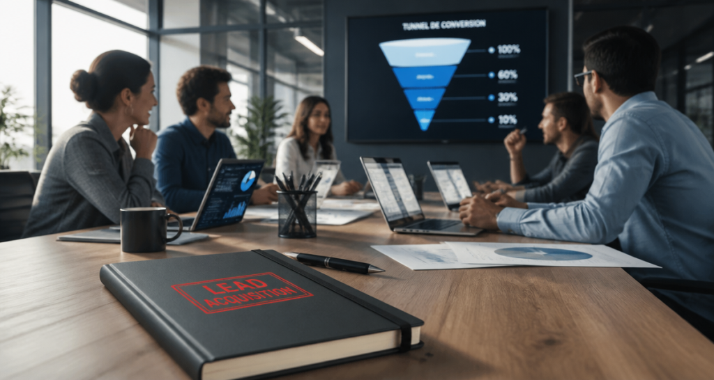 Équipe en réunion lead acquisition marketing