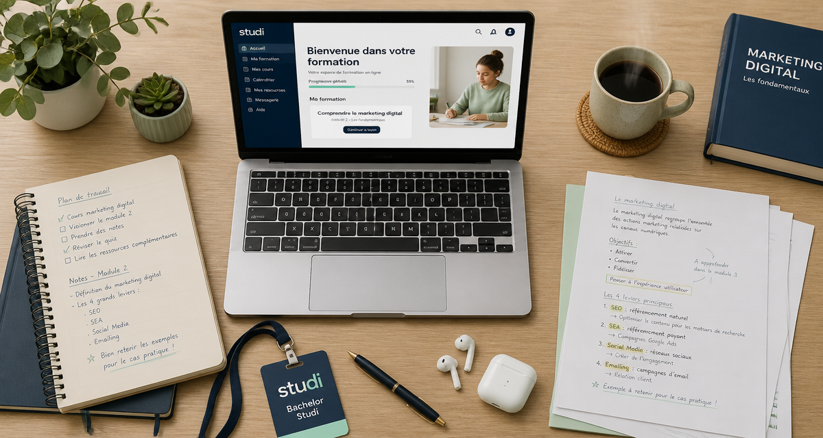 bureau bachelor studi avec ordinateur et carnet
