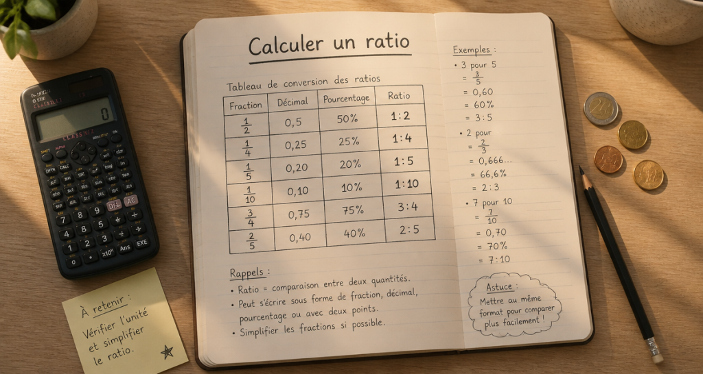 Calculer un ratio carnet schéma calculatrice