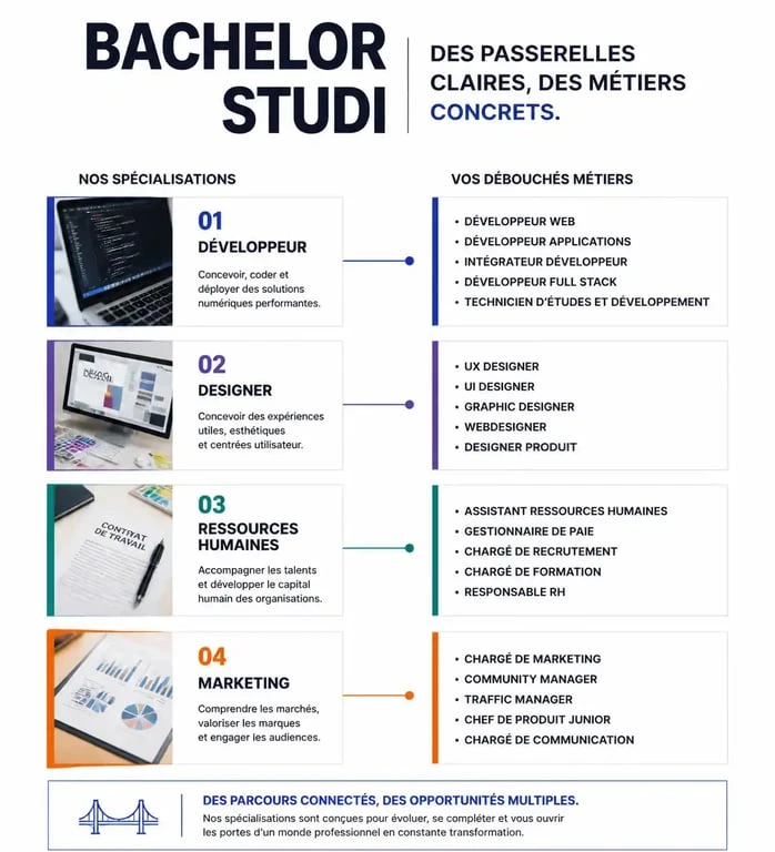 Infographie des débouchés professionnels après un Bachelor Studi