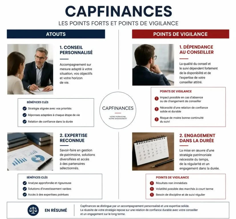 Infographie comparative des avis et points forts de Capfinances pour la gestion de patrimoine