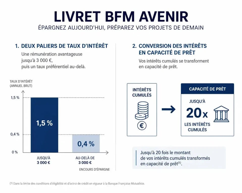 Infographie explicative du fonctionnement et des taux du Livret BFM Avenir pour les agents du secteur public
