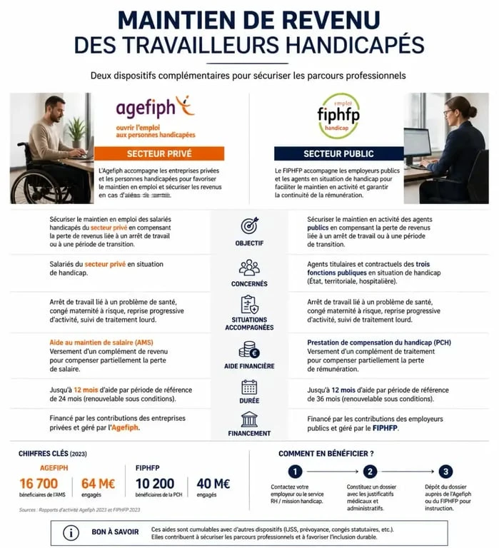 Infographie comparative des dispositifs de maintien de salaire et aides financières pour les travailleurs RQTH en temps partiel
