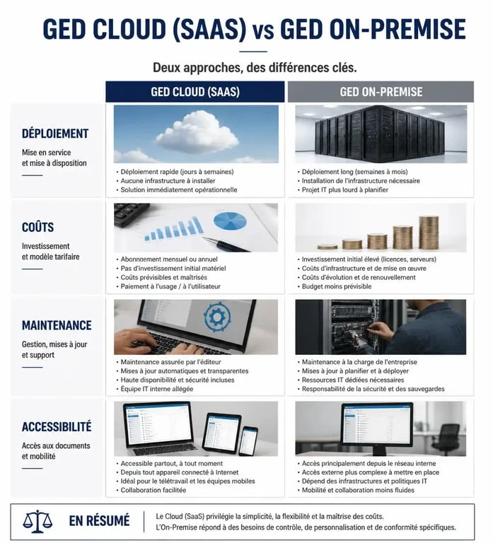 Infographie comparative des solutions GED : Cloud (SaaS) vs On-Premise pour choisir la meilleure solution GED.