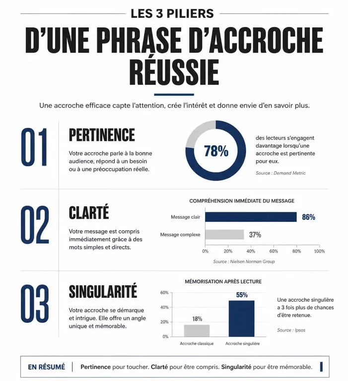 Infographie des trois piliers d'une phrase d'accroche réussie : pertinence, clarté et singularité pour vos exemples de phrases d'accroche.